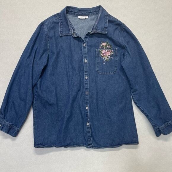 CW Classics Denim Button Down Shirt Floral embroidery Plus size 1X - Picture 9 of 9
